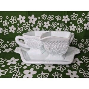 Vintage Duncan Miller Tiara Sandwich Milk Glass Sugar And Cream Set With Tray